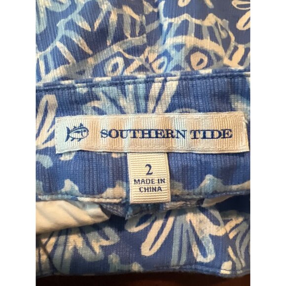 Southern Tide Womens Blue White Cotton Shorts Sz 2 Tropical Tribal Print Preppy - Picture 3 of 7